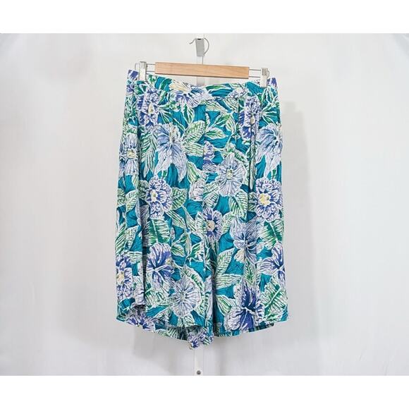 Vintage 90s Shorts Teal Green Floral Print Pleated Front Misses Size 14 Russ - Picture 1 of 5